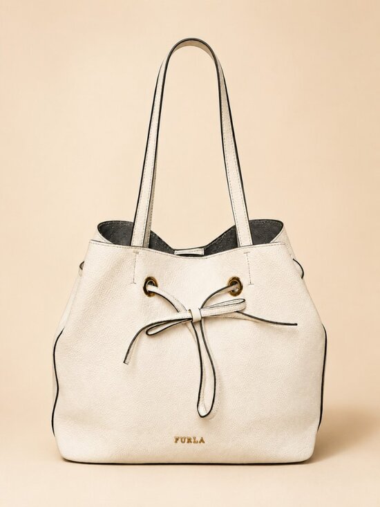 Furla Handbags - Furla Costanza F7339 Ivory Pebbled Leather Drawstring Bucket Tote Shoulder Bag